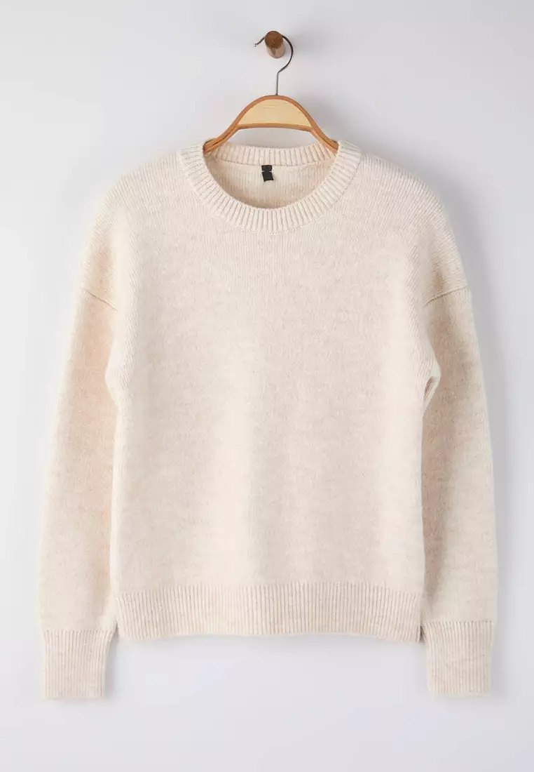 Wardrobe Essentials Bone Wool Premium Yarn Basic Wide Fit Knitwear Sweater | Twoaw26Kz65