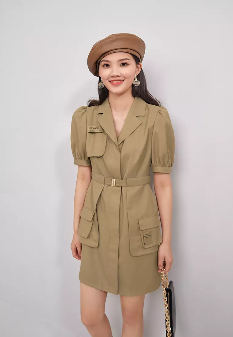 Puff Sleeve Single Breasted Mini Dress