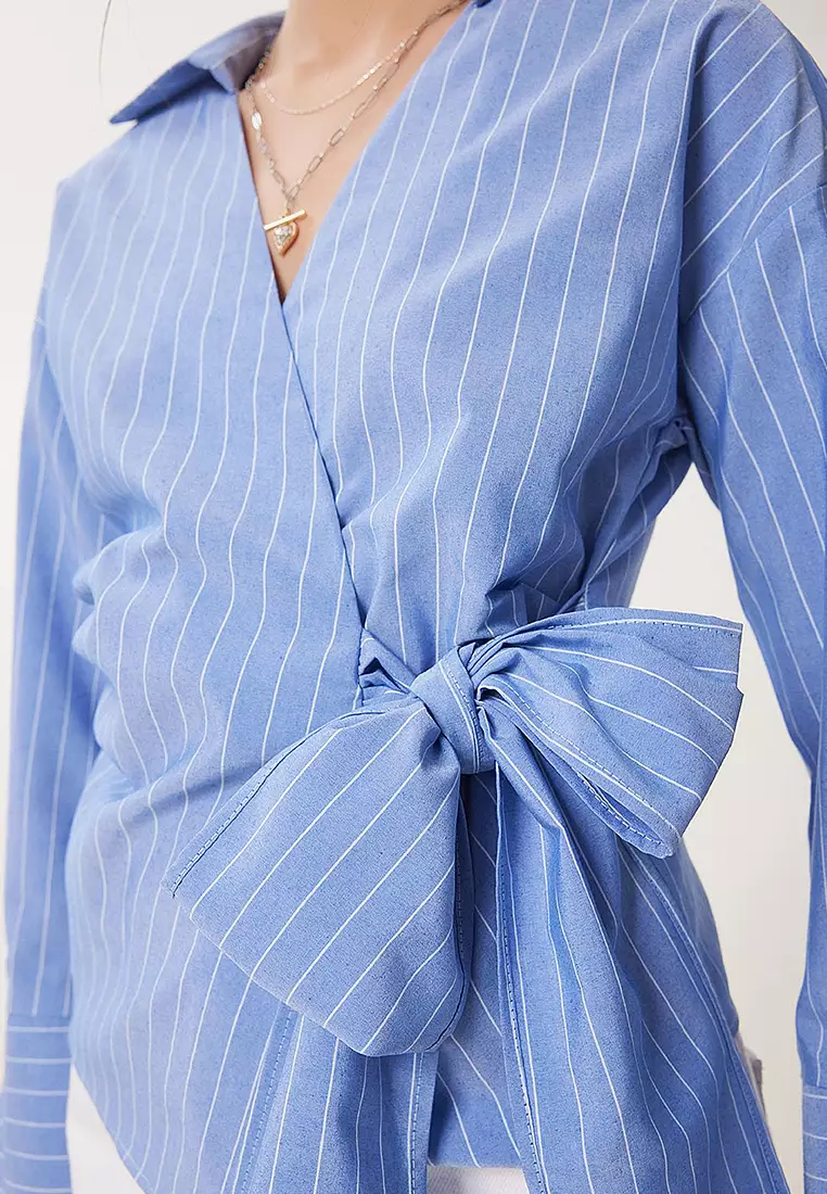 Shirt Collar Striped Wrap Poplin Blouse