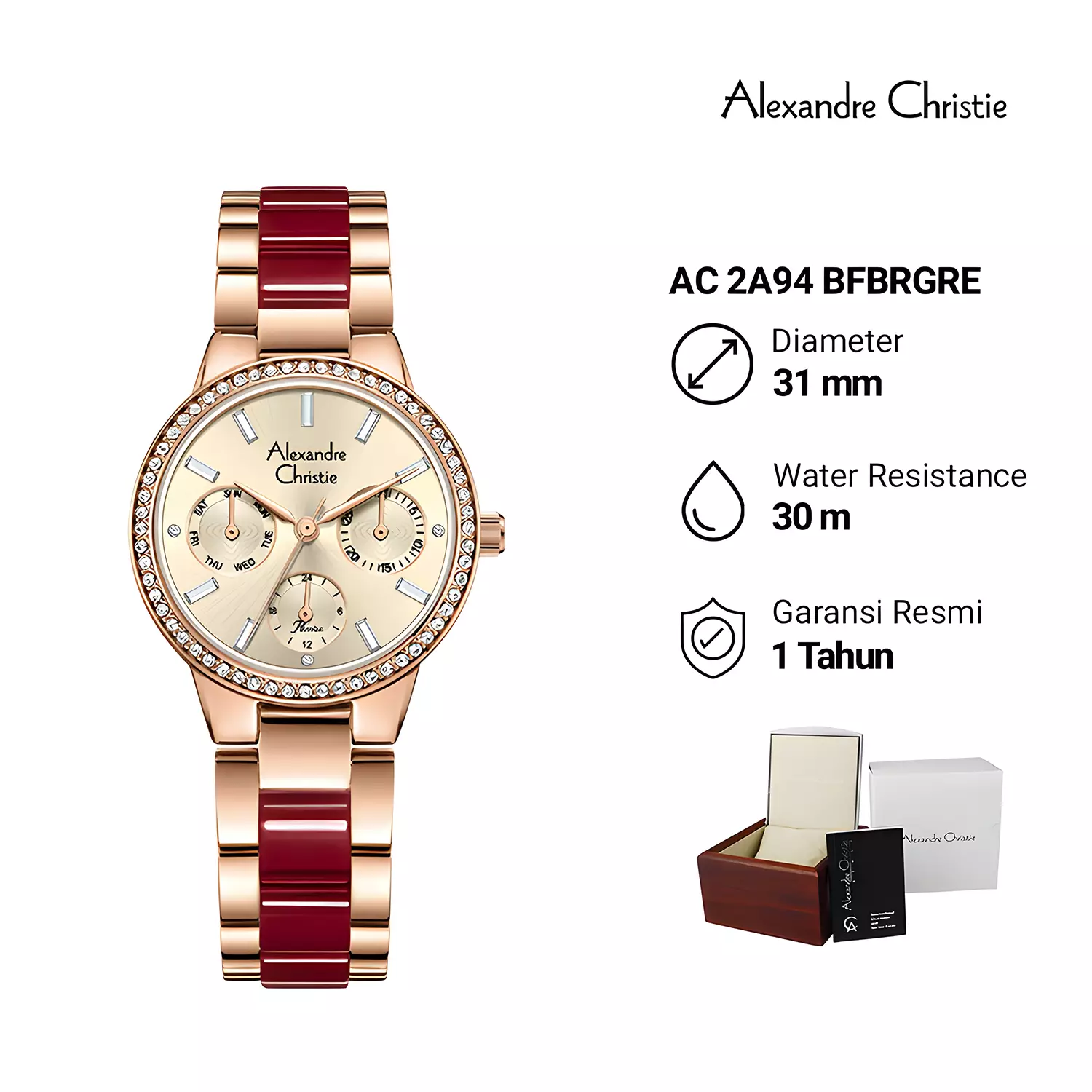 Alexandre Christie Passion Series - Jam Tangan Analog Wanita - Rose Gold Red - Stainless Steel - 2A94 BFBRGRE