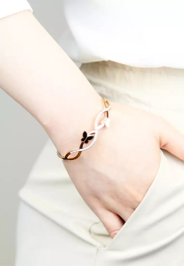 Yara Black Butterfly Entwined With Zirconia Bangle In Rose Gold