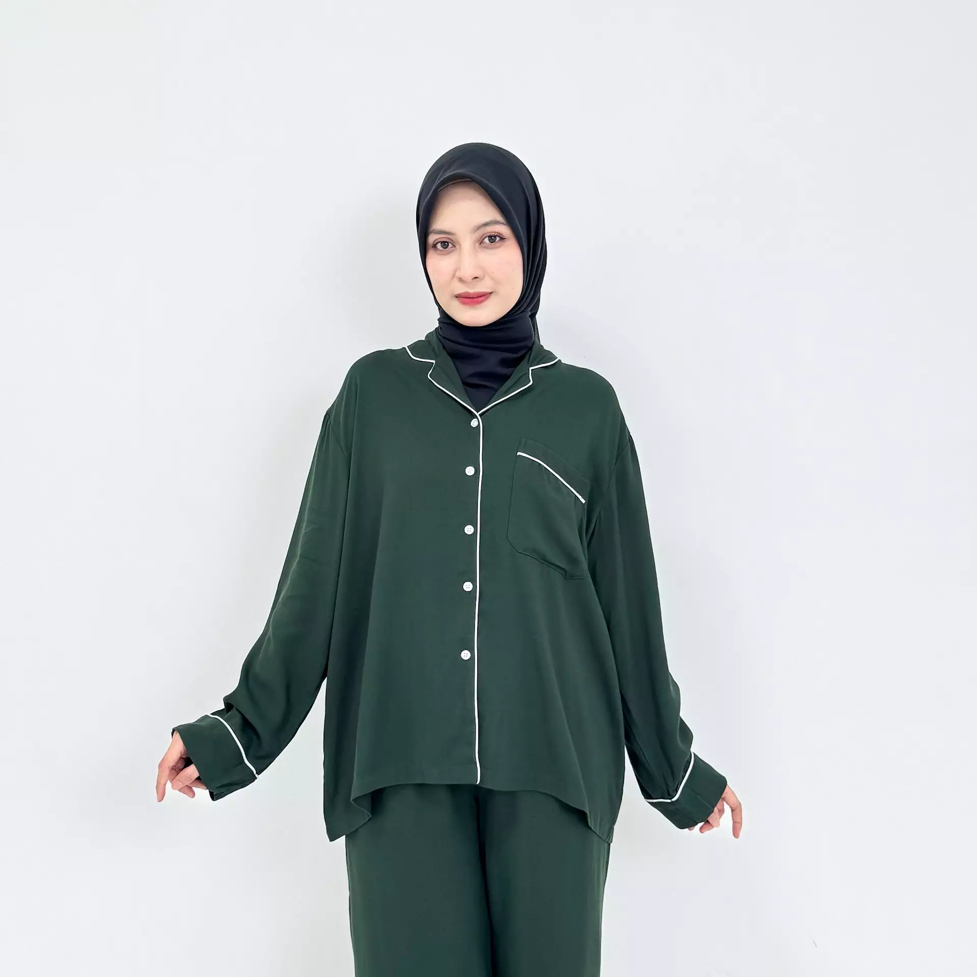 Piyama Serena Set HIJAU Size L-XXL Setelan Baju Tidur Lengan Panjang Wanita Katun