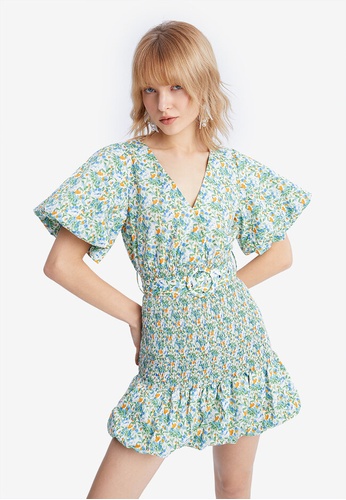 Urban Revivo green Floral Print Shirred Belted Dress 347B0AA3A89076GS_1