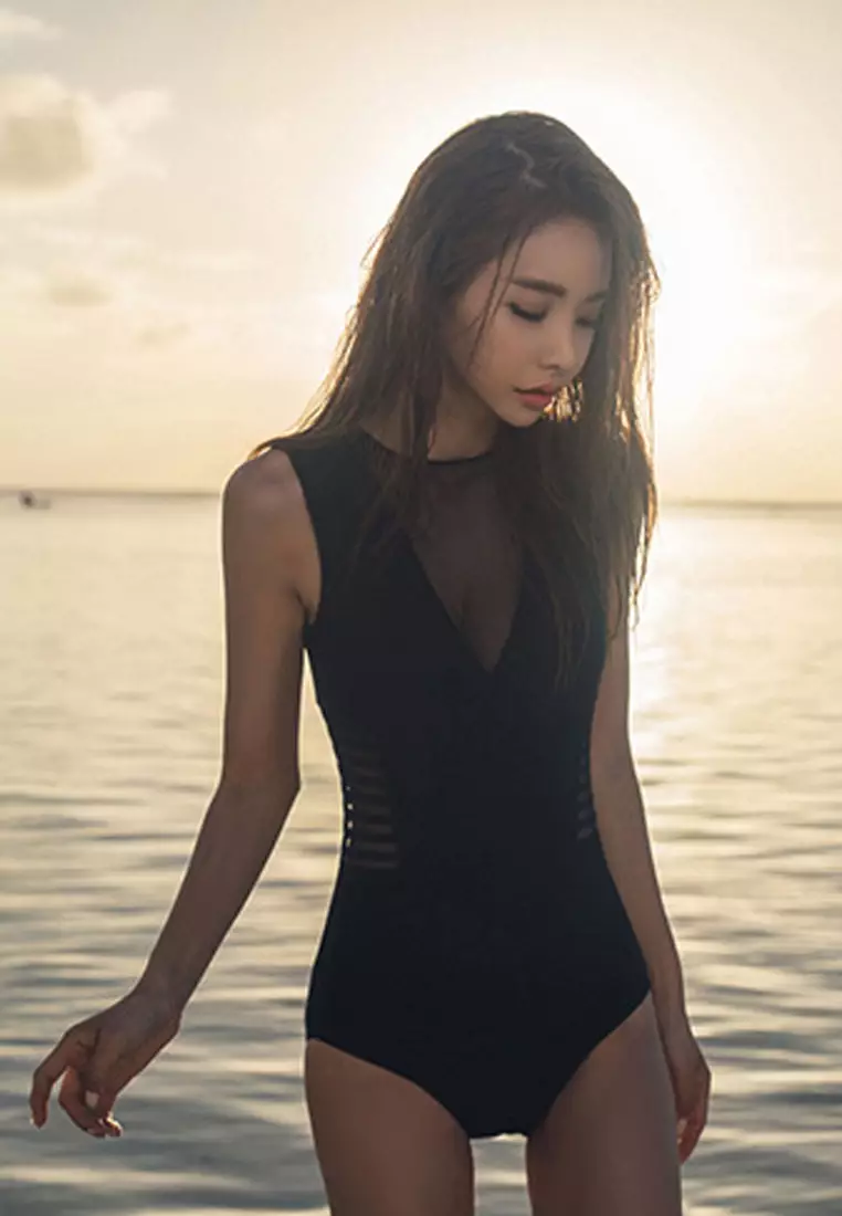 New Black High Neck See Through One Piece Swimsuit CA051509