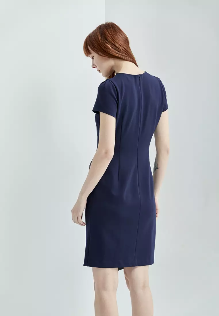 Navy Asymmetric Short Sleeve Dress