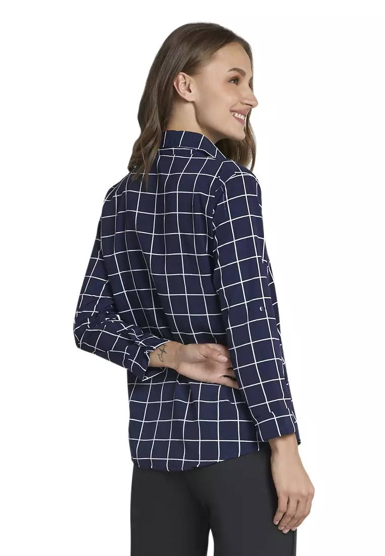 Osvald Blouse Long Sleeve Motif Kotak-Kotak Atasan Baju Wanita Casual - Navy