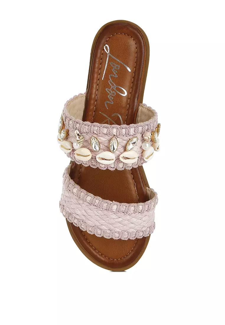 Sandal Slip-On Shell & Diamante dalam Warna Pink