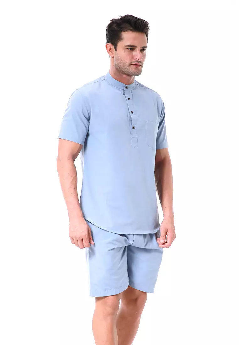 Vincent Kurta Set Pendek Motif Polos Setelan Pria Short Sleeve Material Cotton ORIGINAL - Gray