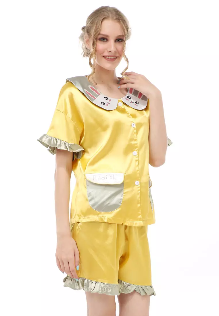 Vance Setelan Baju Tidur Wanita Lengan Pendek Motif Krab Bunny Material Satin ORIGINAL - Yellow