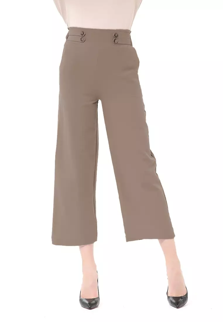 Stella Casual Long Pants Wanita Celana Kulot Highwaist Double Botton Material Linen ORIGINAL - Choco