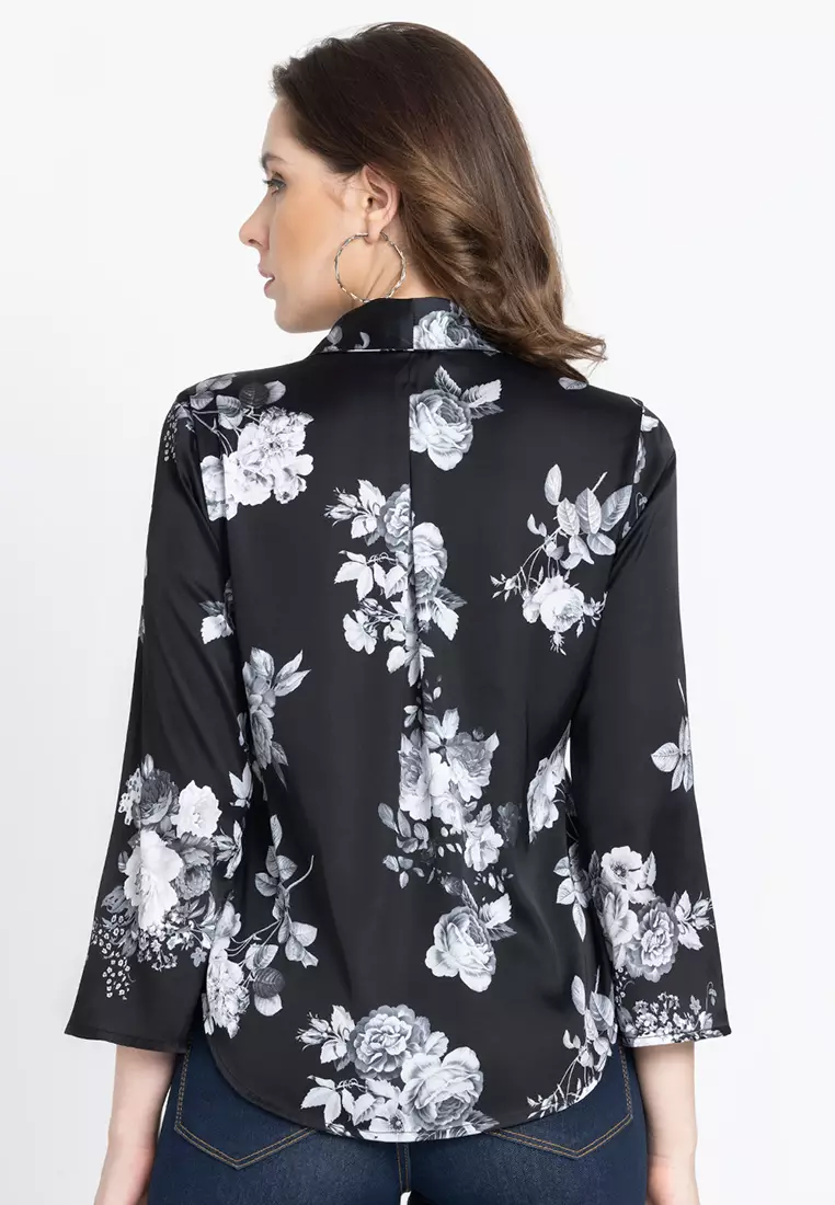 Black Floral Print Casual Blouse