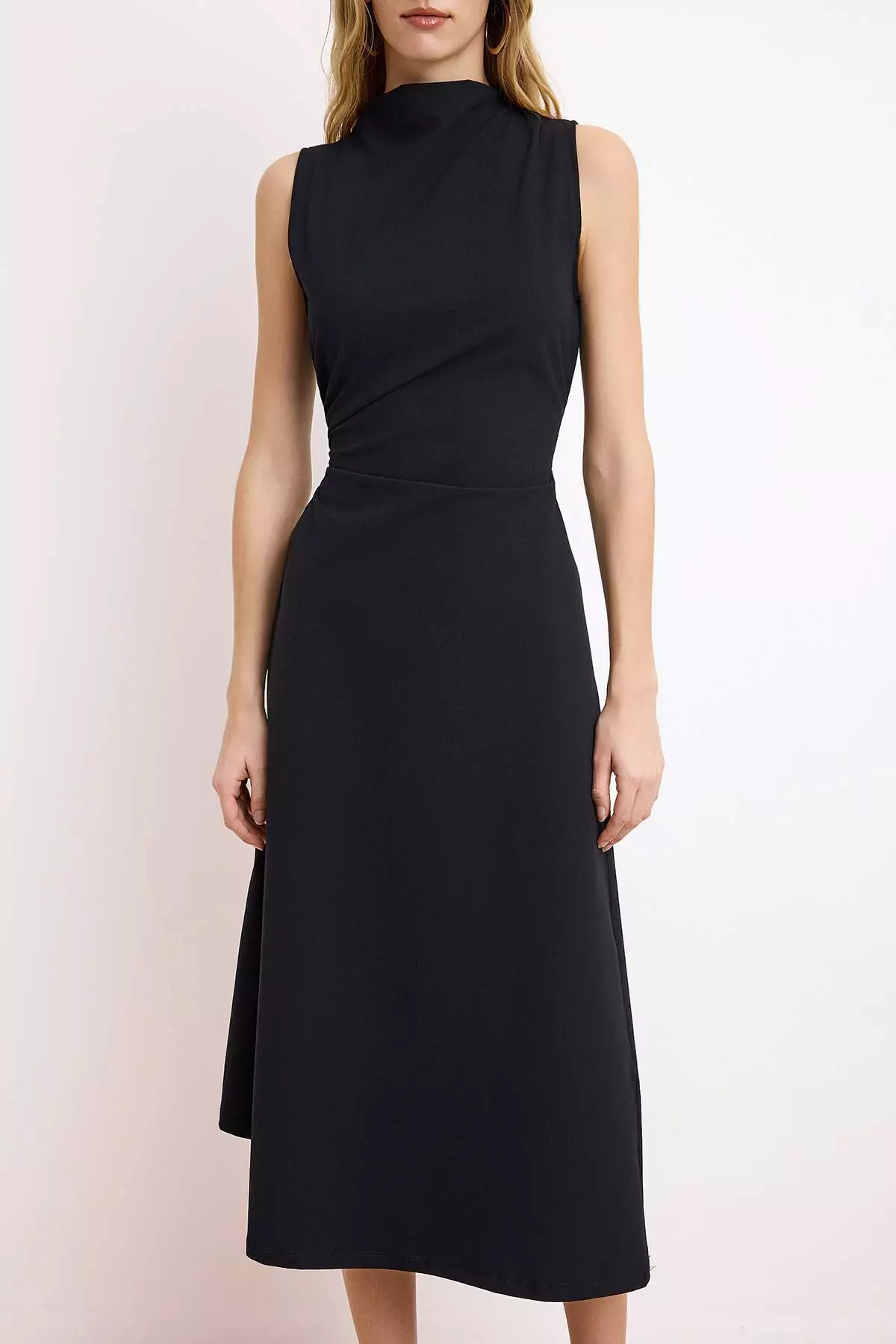 Black A-Line/Bell Form Asymmetrical Sleeveless Shirred Midi Paper Touch Knitted Dress Twoss26El156