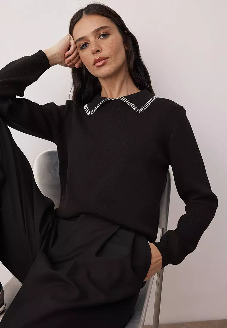Black Cotton Content Collar Stitching Detail Knitwear Sweater Twoaw26Kz24