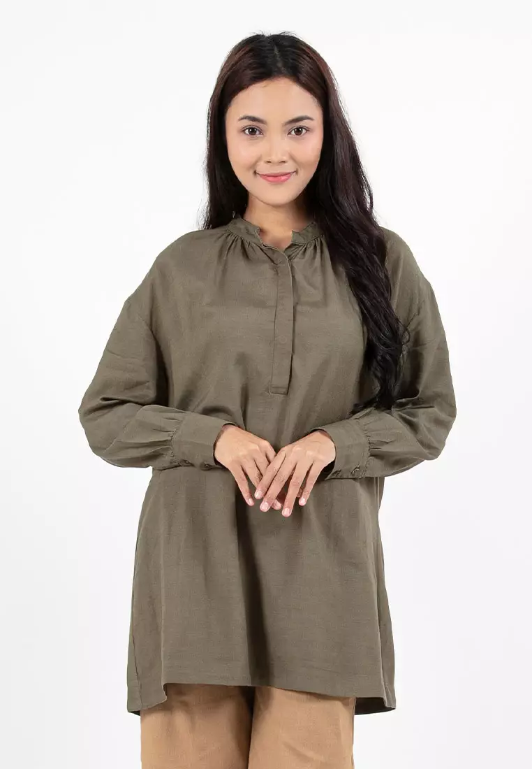 Forest Ladies Linen Oversized Band Collar Plain Blouse Women Long Sleeve Tunic | Baju Perempuan - 822391-48Olive