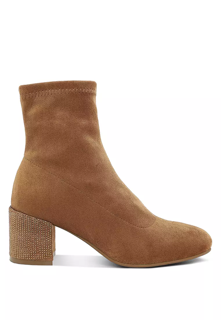 Discount on Rag & CO.  shoes - SKU: Rhinestones Embellished Block Heel Boots in Tan