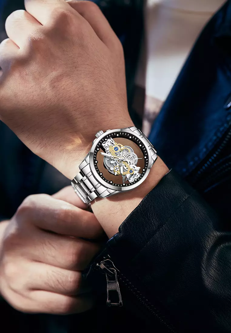 Jam Tangan Pria HD Luminous Function Hollow Dial Tali Stainless Steel Anti Air Jam Tangan Cowok silver white