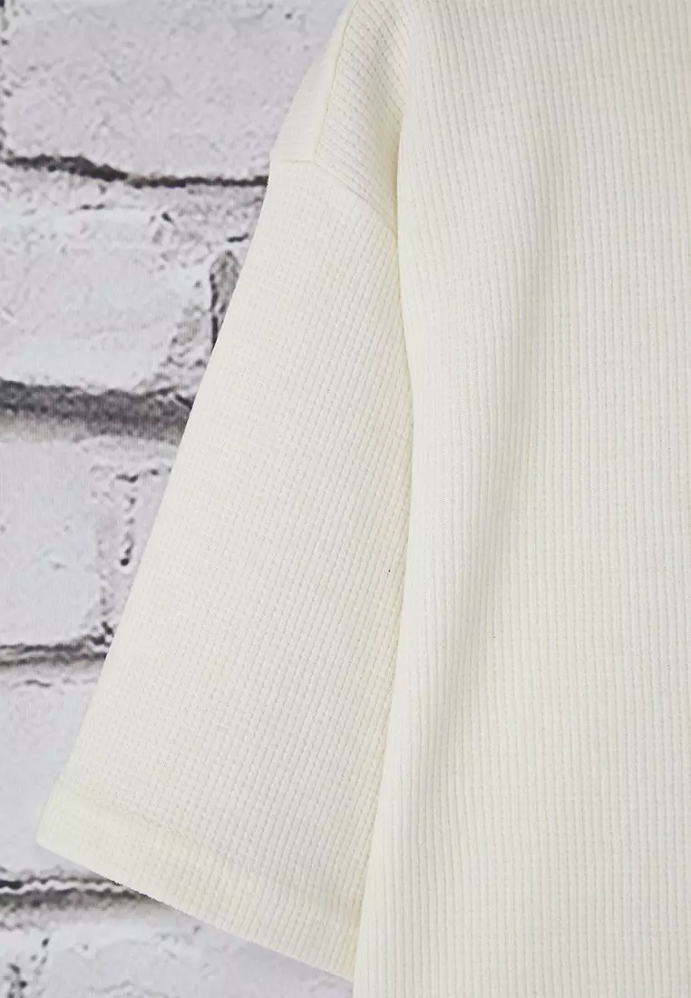 Ecru Oversize/Wide Textured Cut Zippered Polo Neck T-shirt TMNSS25PO00006