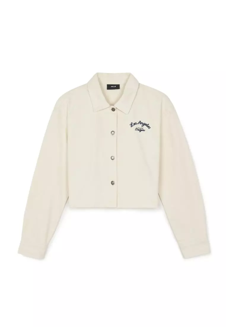WOMEN'S VARSITY CURSIVE EMBROIDERY CROPPED DENIM SHIRTS LOS ANGELES DODGERS