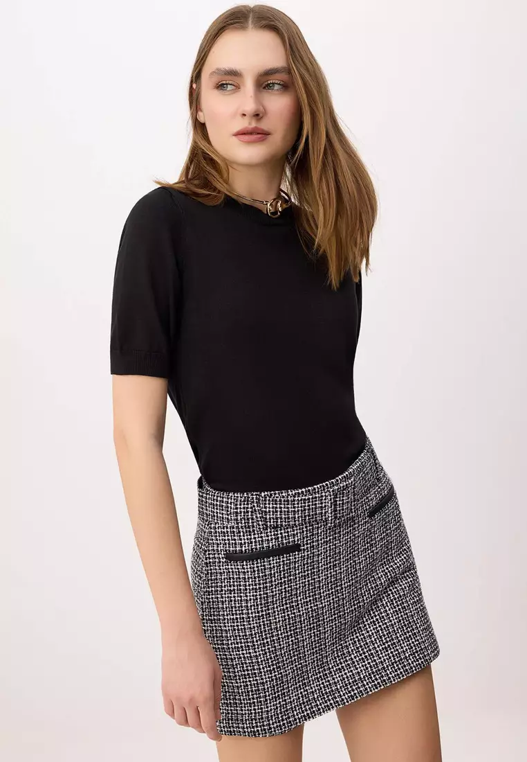 Black-Multicolored Belted Tweed Mini Shorts Skirt Twoss26Sr9