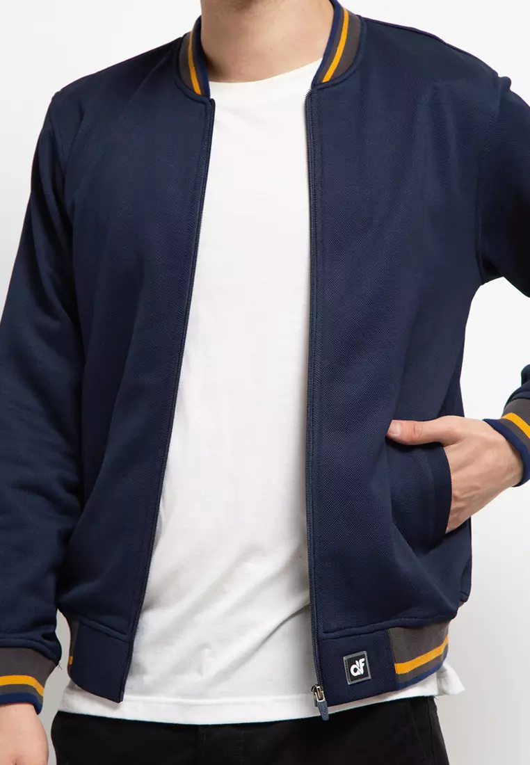 Jaket Pria Bomber - Navy With Mustard Strip