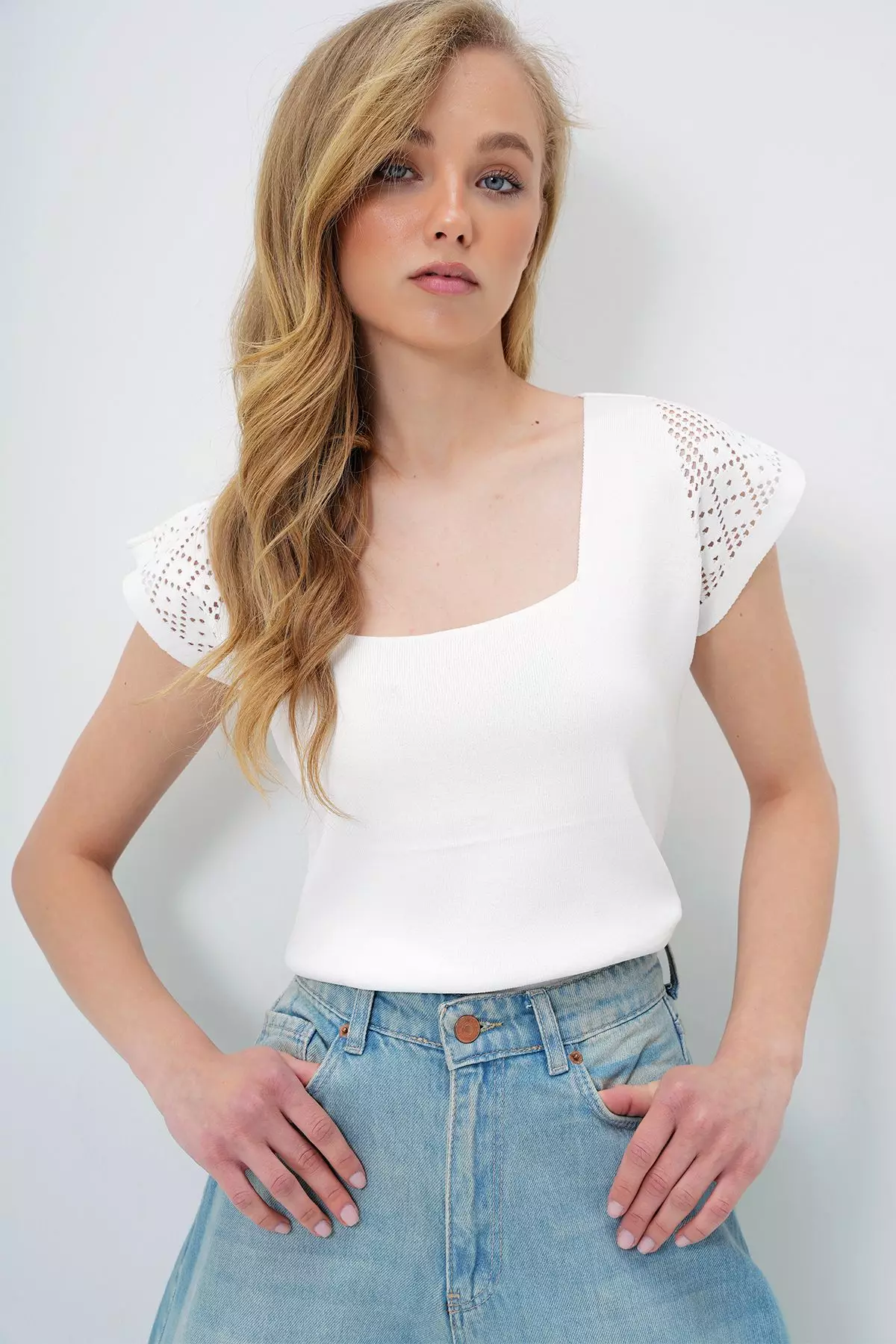 Women's White Square Neck Openwork Summer Knitwear Blouse