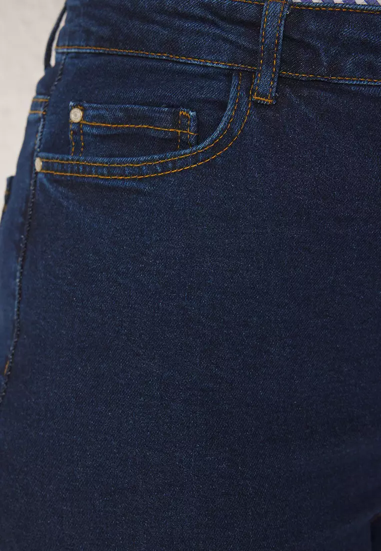Dark Blue High Waisted Piercing Detail Wide Leg Comfort Plus Size Wide Leg Jeans Tbbss23Cj00009