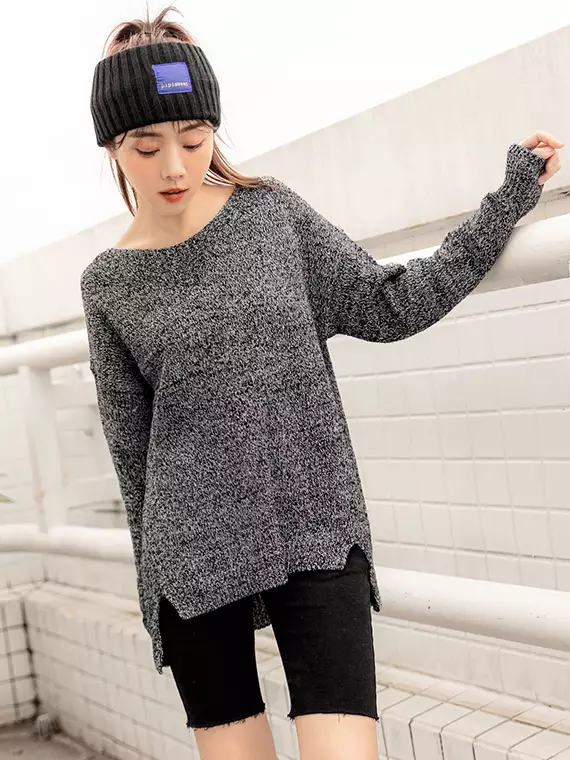 OBSTYLE Mixed Color Side Slit Front Short Back Long Knit Sweater