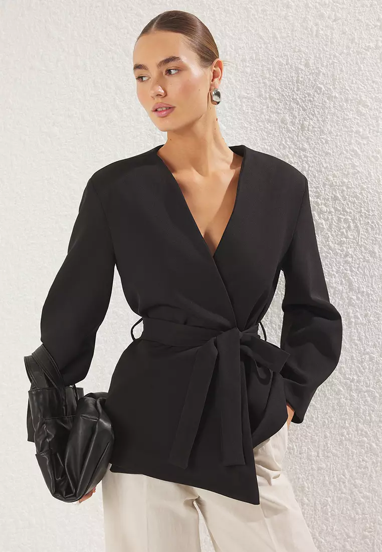 Black Double Breasted Tie Detail Woven Blazer Jacket TWOSS25BC00031