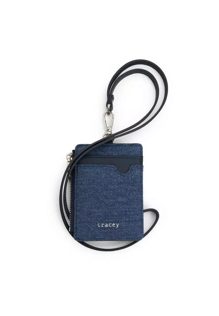 Tracey Denim Textured Zipper Card Holder with Lanyard