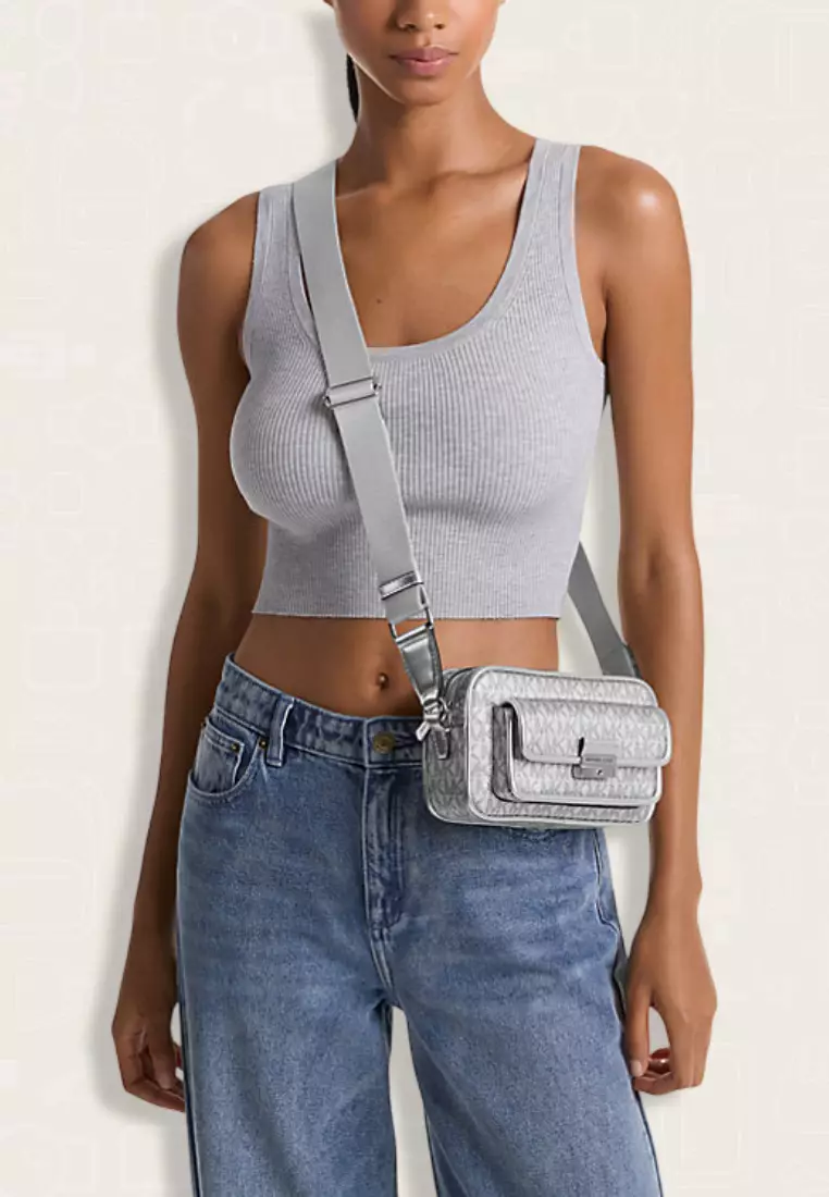 Michael Kors Bradshaw Extra-Small Metallic Signature Logo Camera Crossbody Silver