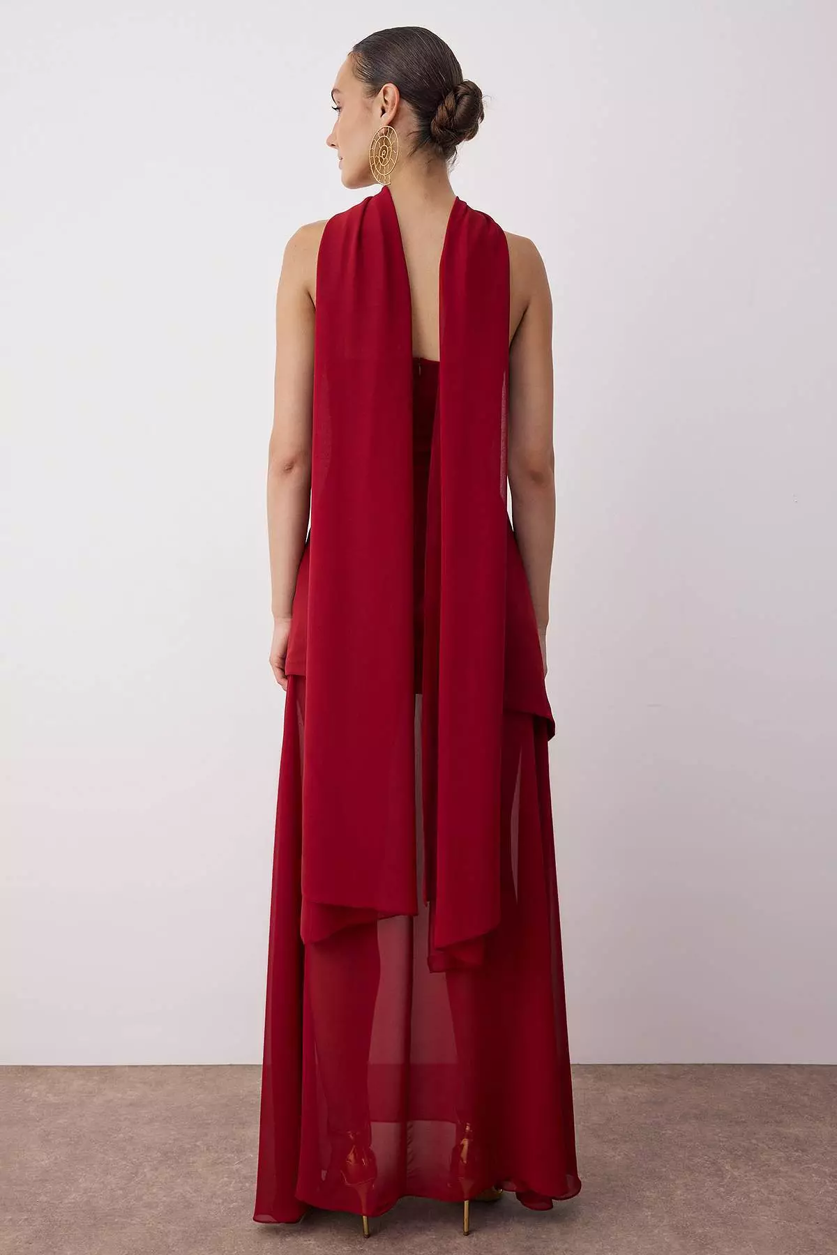 Red Shawl Detailed Woven Maxi Evening & Graduation Dress Tprss25Ae00188