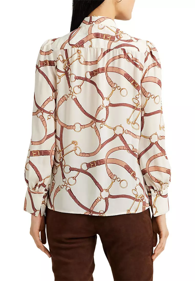 Lauren Ralph Lauren Belting-Print Georgette Tie-Neck Blouse