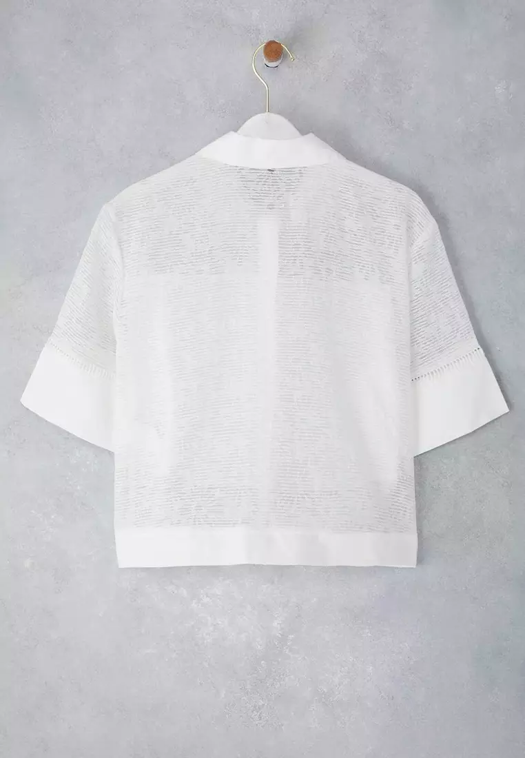 White See-Through Detailed Short Sleeve Crop Shirt Twoss25Go00170