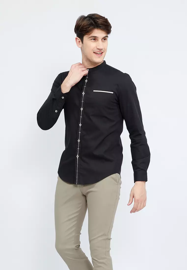 OXCON Kemeja Collarless long sleeve Dual Style Button Black