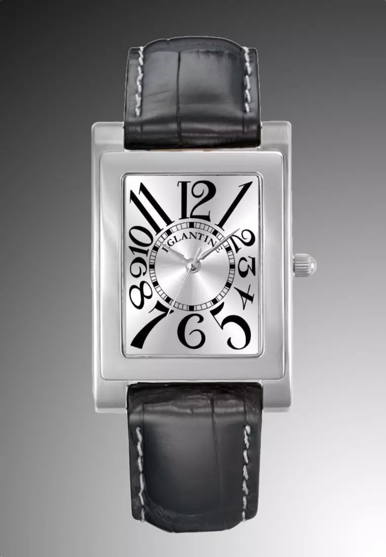 MATIGNON 中性石英錶，銀色錶盤搭配黑色阿拉伯數字，黑色皮革錶帶