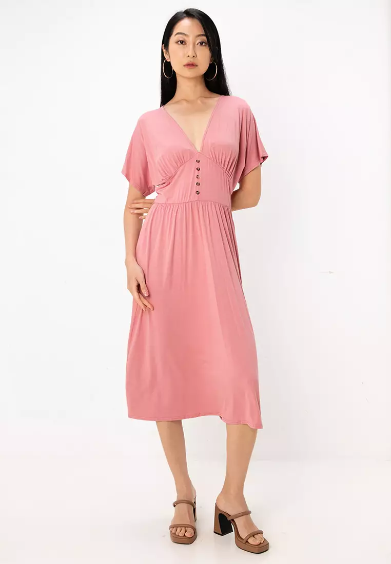 Waisted Midi Tea Dress With Buttons