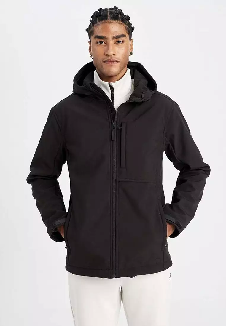 Fit Softshell Jacket Water Repellent Windproof Hooded Zippered Pocket