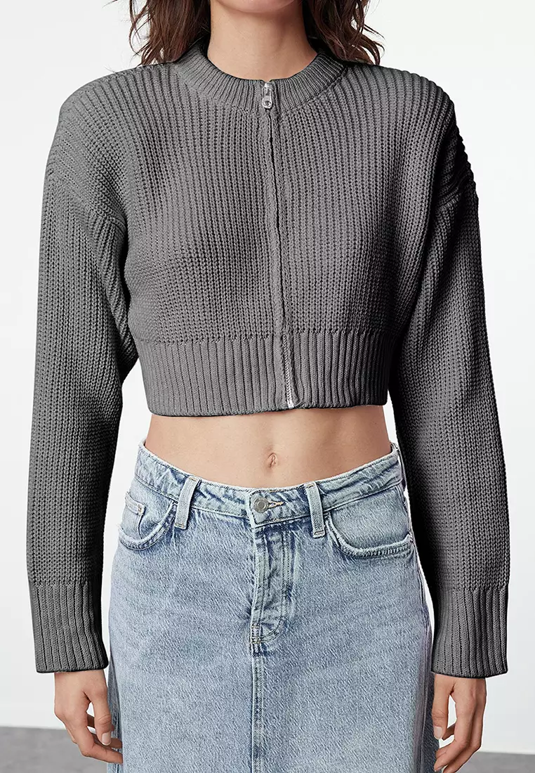 Anthracite Crop Vatka Zipper Detailed Knitwear Cardigan