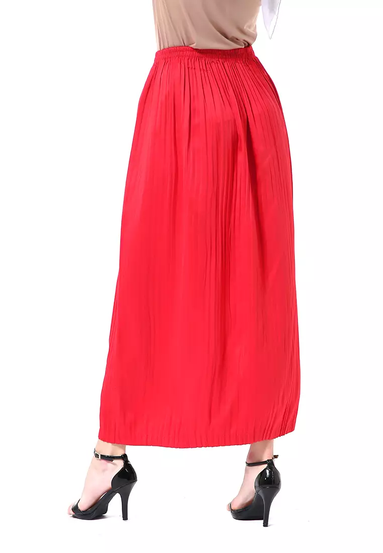 Angely Rok Plisket Rubbery Waist Fashion Wanita Simple - Merah