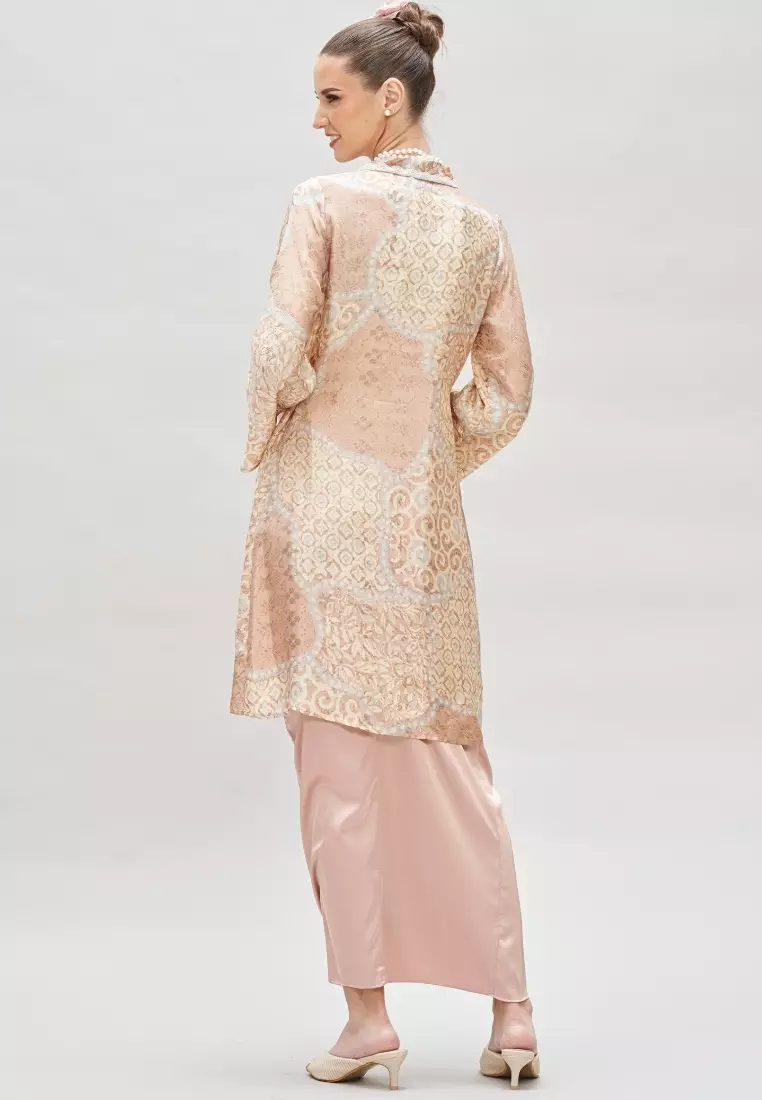 Premium Batik Beige long modern Kebaya & Satin Wrap Skirt