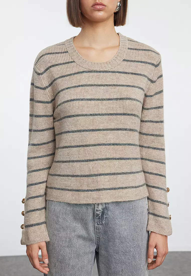 Beige Striped Soft Knitwear Sweater