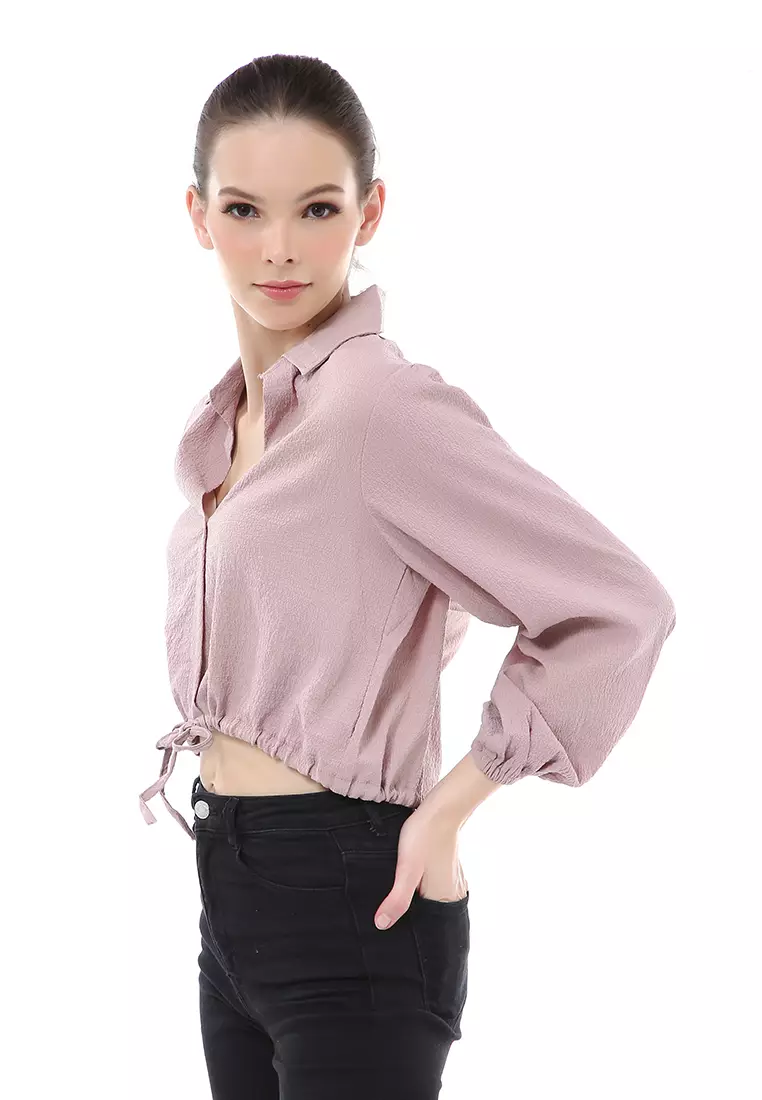 Brielle Atasan Wanita Kemeja Crop Lengan Panjang Material Crinkle ORIGINAL - Lilac