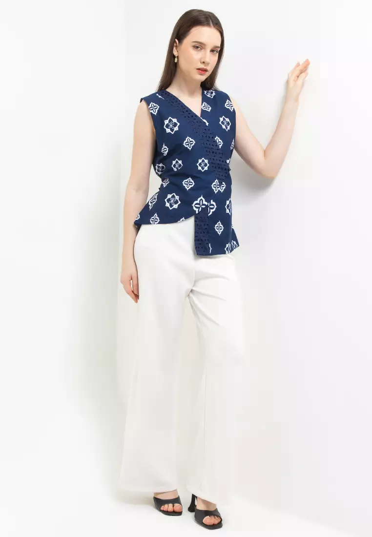 Outer Blouse Atasan Wanita Iskara Katun Bordir Tanpa Lengan Blue