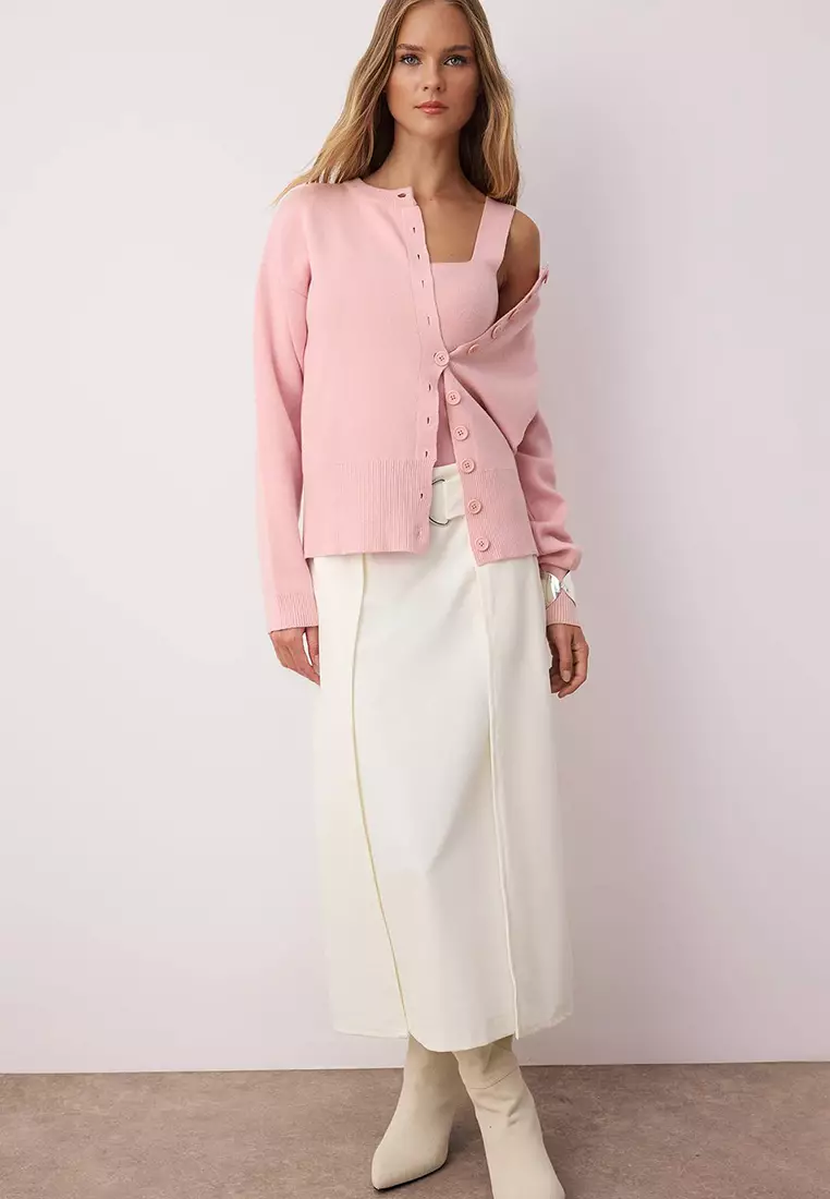 Pink 2 Piece Premium Yarn/Special Yarn Crew Neck Basic Knitwear Cardigan Blouse Set
