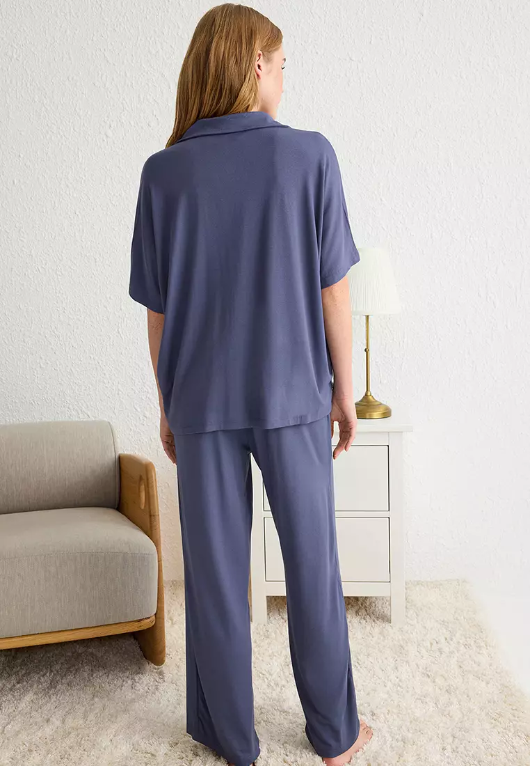 Navy Blue Comfortable Viscose Maternity Knitted Pajama Set THMSS25PT00165