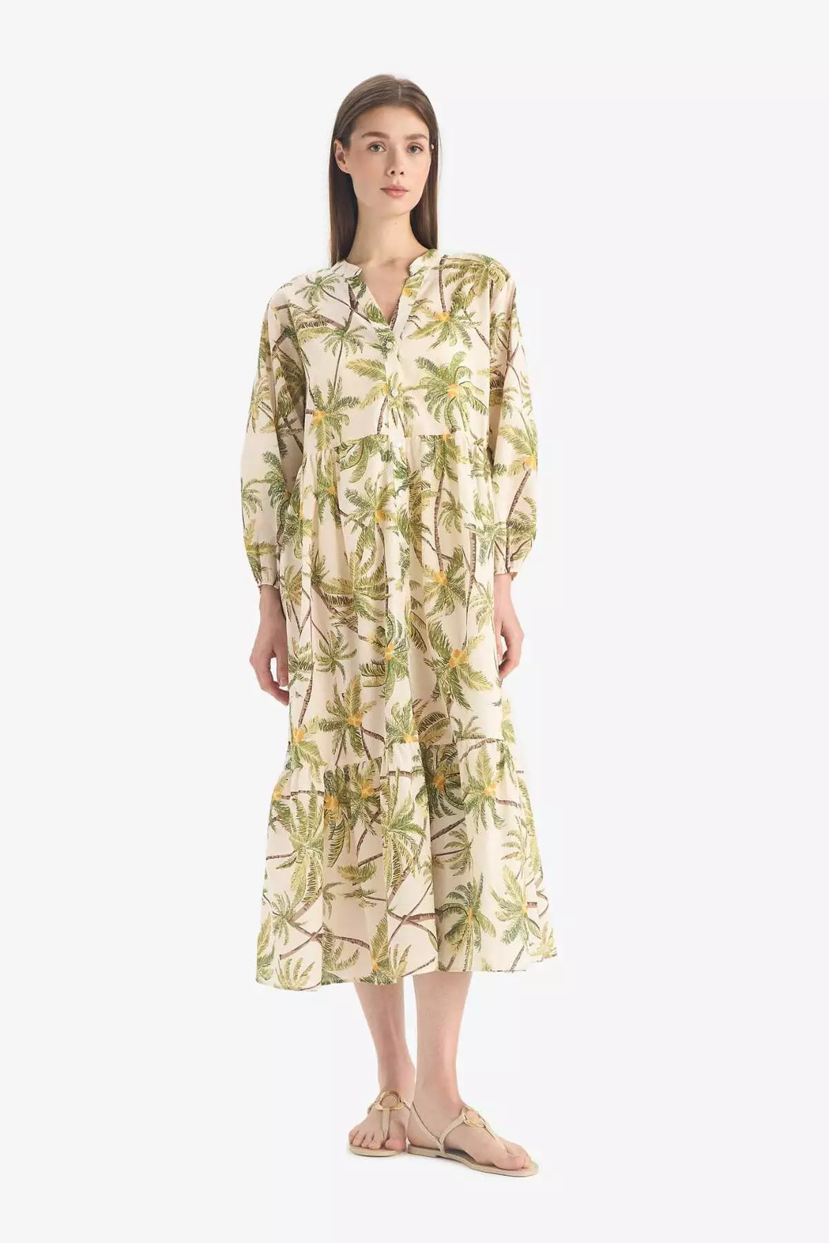 Tropical Print Long Sleeve Voile Beach Dress-Fall in Love E7745Ax25Sp