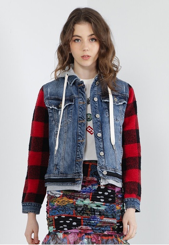 Desigual blue Denim Jacket with Plaid Sleeves 303A7AA2393B46GS_1