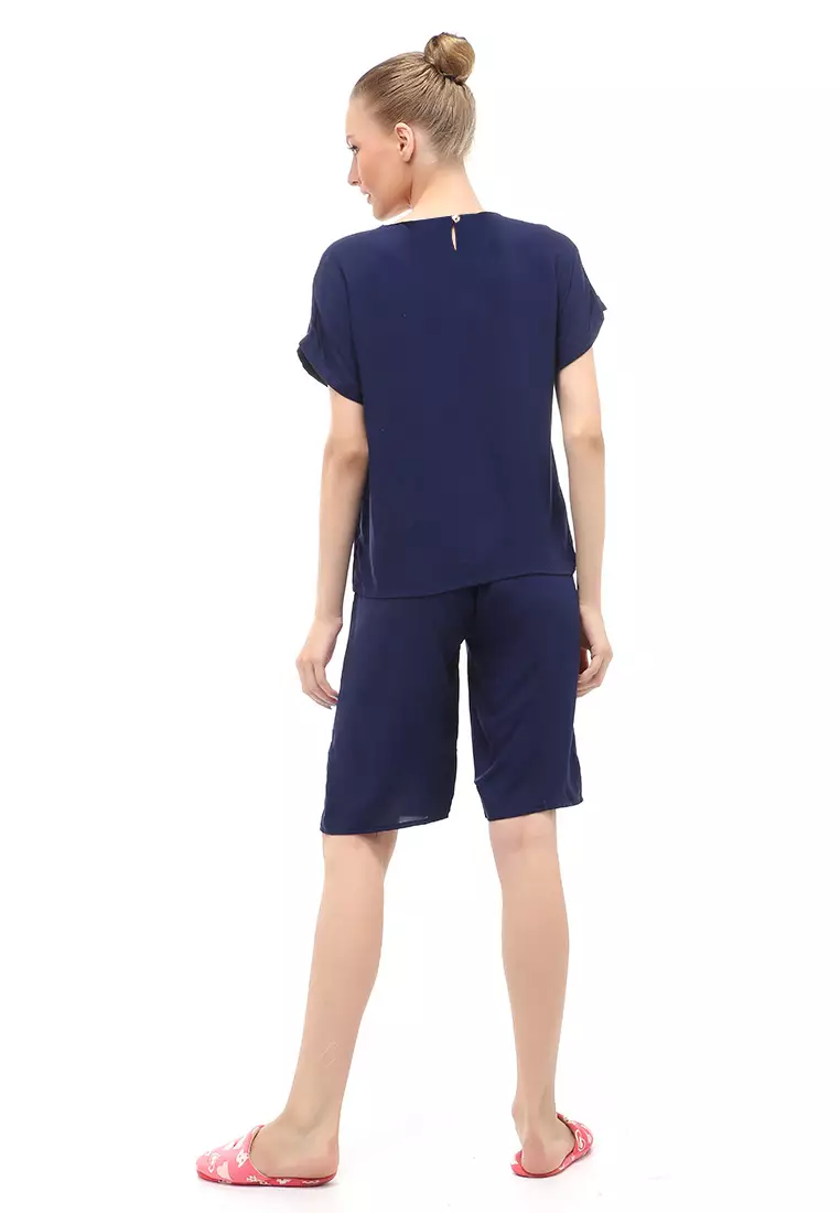 Setelan Wanita Lengan Pendek Design Simple Casual Relaxed Fit - Navy