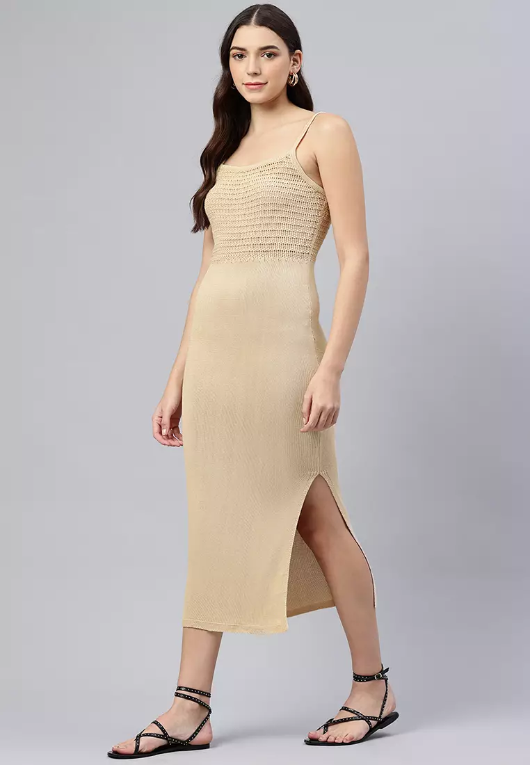 Natural Straight Side Slit Dress