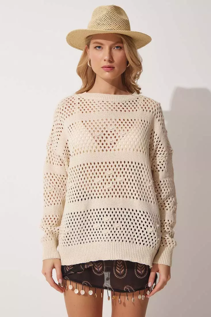 White sweater with pom poms sale